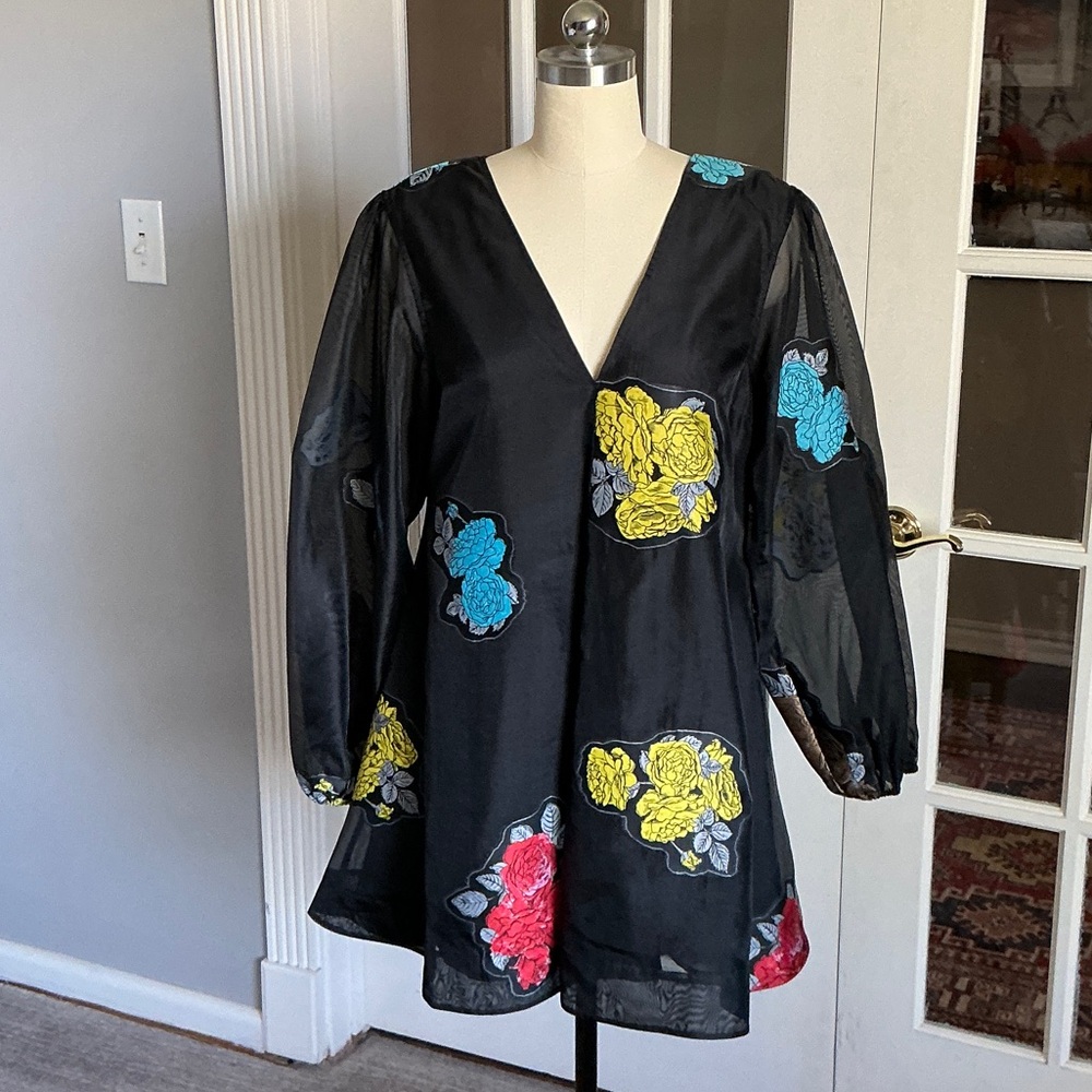 Ganni Black Mini Dress with Yellow, Blue and Red Floral Appliqués